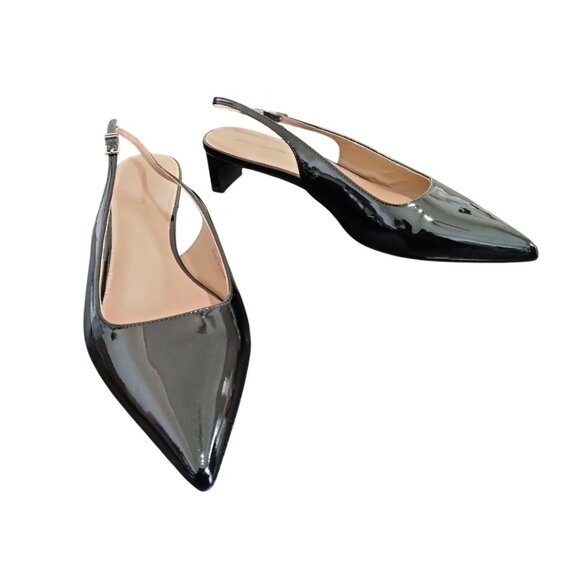 Amazon Essential Black Slingback Pointed Toe Shoes 1.75" Block Heel Size 11 - Picture 2 of 10